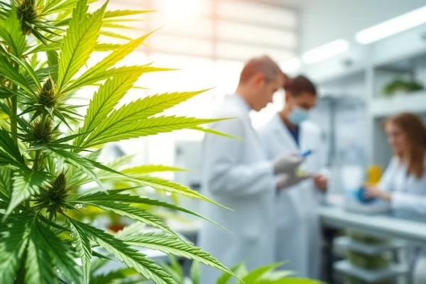Researching CBD benefits and properties in a bright lab environment.