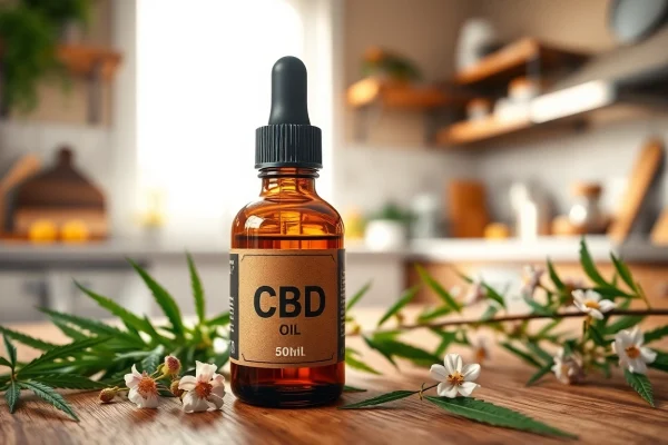 Discover the qualities of CBD Oil in a cozy setting with hemp leaves and natural light.