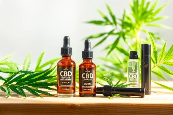 CBD-olja flaskor, hamprextrakt och premium vape-enheter som representerar naturlig välbefinnande och organisk renhet.