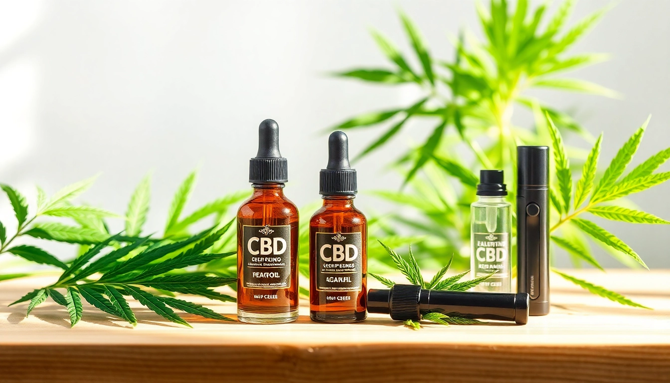 CBD-olja flaskor, hamprextrakt och premium vape-enheter som representerar naturlig välbefinnande och organisk renhet.
