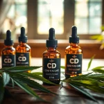 Showcase CBD oil bottles with hemp leaves creating a serene atmosphere on a wooden table.