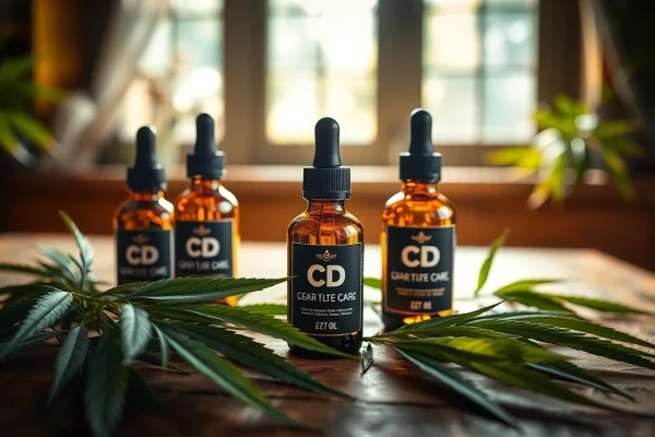 Showcase CBD oil bottles with hemp leaves creating a serene atmosphere on a wooden table.