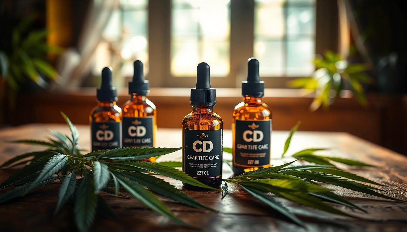 Showcase CBD oil bottles with hemp leaves creating a serene atmosphere on a wooden table.