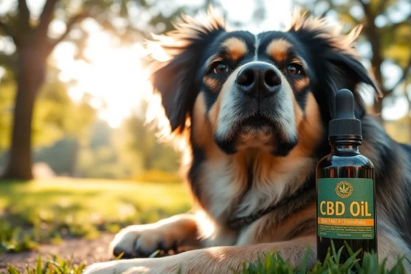 Showcase CBD For Pet with a tranquil dog enjoying a sunny outdoor setting.