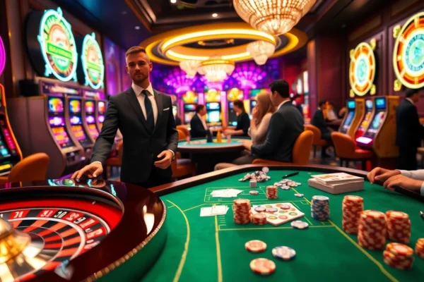 Experience the thrill of mg188 at a luxurious casino featuring a roulette table, vibrant slot machines, and professional dealers.