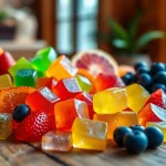 Colorful Weed Gummies displayed with fresh fruit, showcasing their enticing flavors.