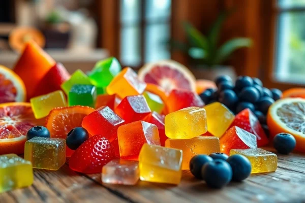 Colorful Weed Gummies displayed with fresh fruit, showcasing their enticing flavors.