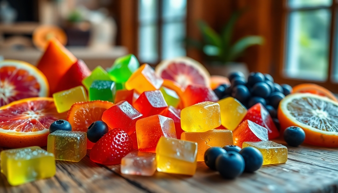 Colorful Weed Gummies displayed with fresh fruit, showcasing their enticing flavors.