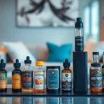 Showcase of premium Vape & E-Liquids bottles on a stylish desk in an inviting setting.