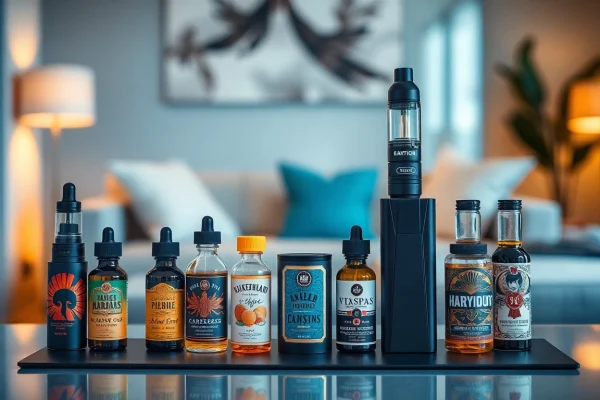 Showcase of premium Vape & E-Liquids bottles on a stylish desk in an inviting setting.