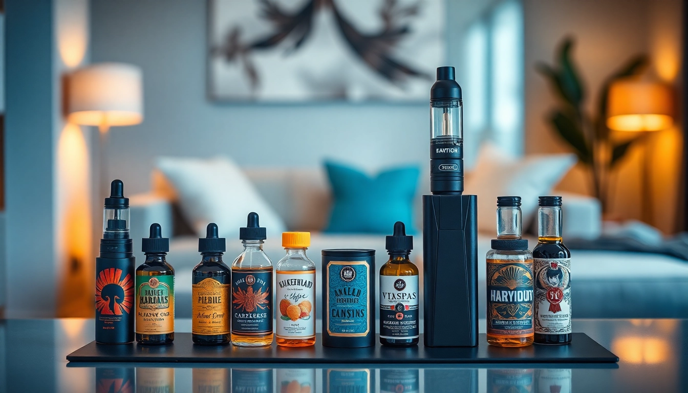 Showcase of premium Vape & E-Liquids bottles on a stylish desk in an inviting setting.