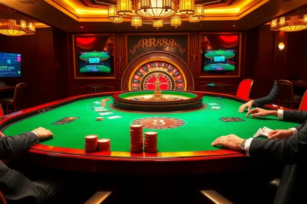 RR88 casino scene with vibrant poker table and roulette wheel, showcasing luxury and excitement