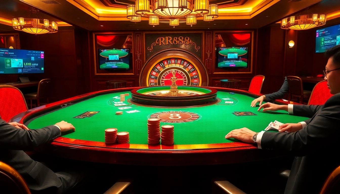 RR88 casino scene with vibrant poker table and roulette wheel, showcasing luxury and excitement