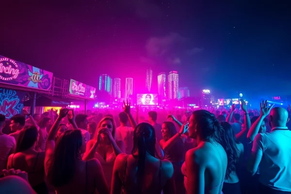 Engaging scene of a miami rave with energetic dancers, neon lights, and urban backdrop.