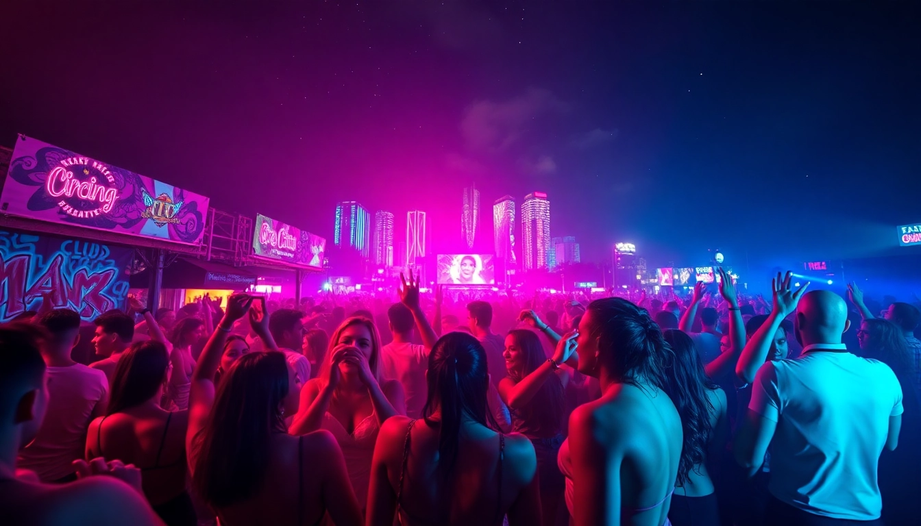 Engaging scene of a miami rave with energetic dancers, neon lights, and urban backdrop.