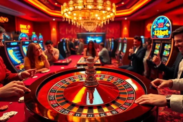 Exciting gambling scene featuring ink vao 12bet with players celebrating wins around casino table.