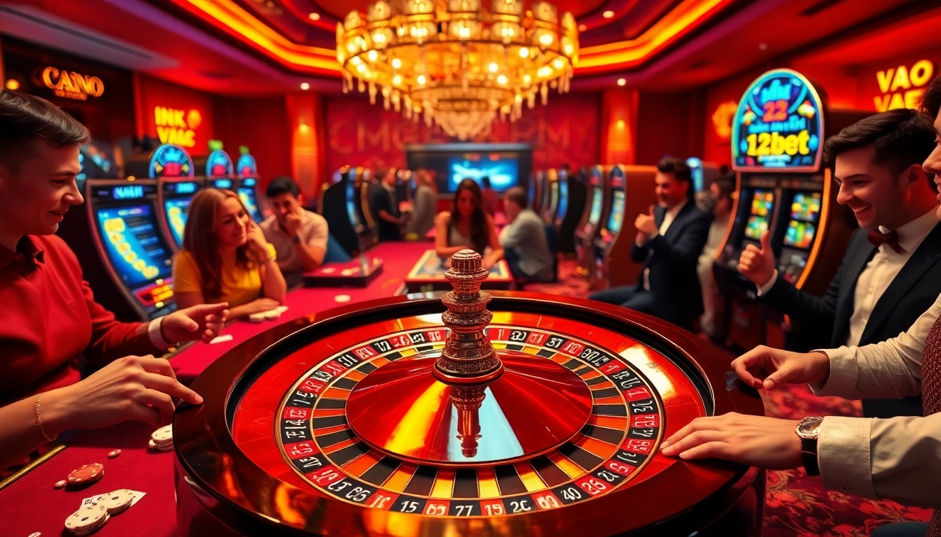 Exciting gambling scene featuring ink vao 12bet with players celebrating wins around casino table.