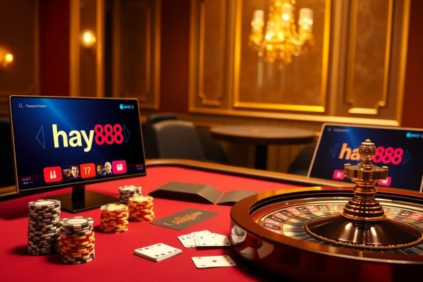 Gamble at hay88 with vibrant casino visuals featuring a roulette wheel and poker chips.
