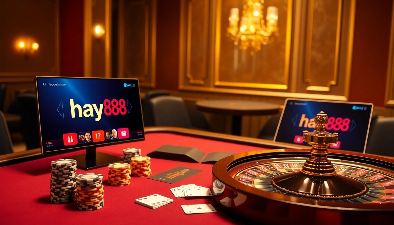 Gamble at hay88 with vibrant casino visuals featuring a roulette wheel and poker chips.