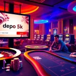Experience the excitement of depo 5k in a vibrant casino setting with roulette and poker elements.
