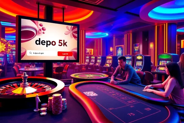 Experience the excitement of depo 5k in a vibrant casino setting with roulette and poker elements.