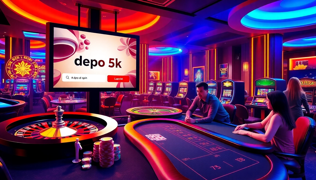 Experience the excitement of depo 5k in a vibrant casino setting with roulette and poker elements.