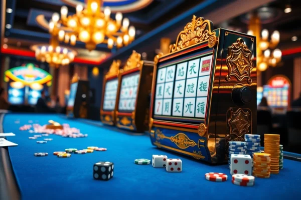 Engage with Mahjong Ways 2 slot machine in a vibrant casino setting with poker chips and cards.