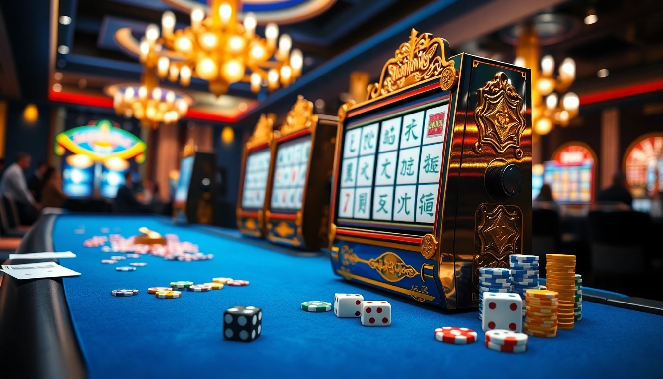 Engage with Mahjong Ways 2 slot machine in a vibrant casino setting with poker chips and cards.