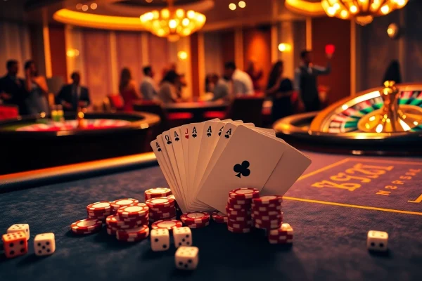 A vibrant casino scene showcasing poker chips and a roulette wheel, inviting players to explore https://mm888.media/ for thrilling games.