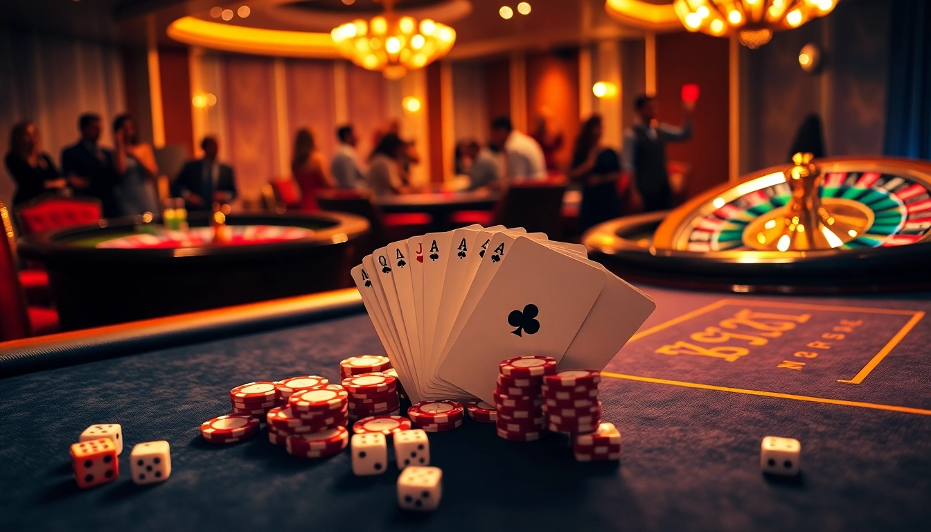 A vibrant casino scene showcasing poker chips and a roulette wheel, inviting players to explore https://mm888.media/ for thrilling games.