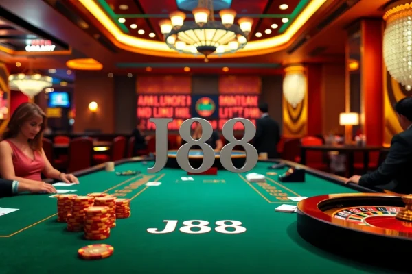 J88 players strategizing at a luxurious casino table filled with poker chips.