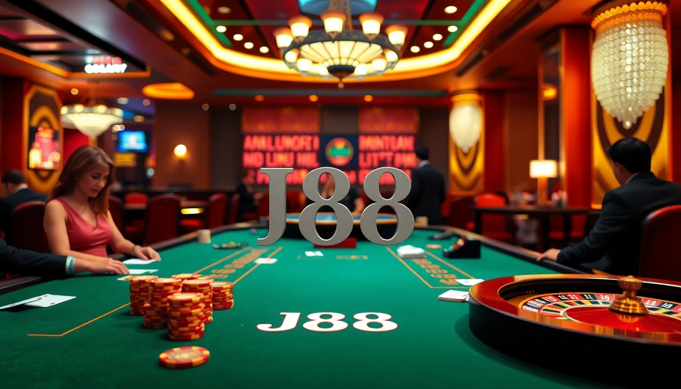 J88 players strategizing at a luxurious casino table filled with poker chips.
