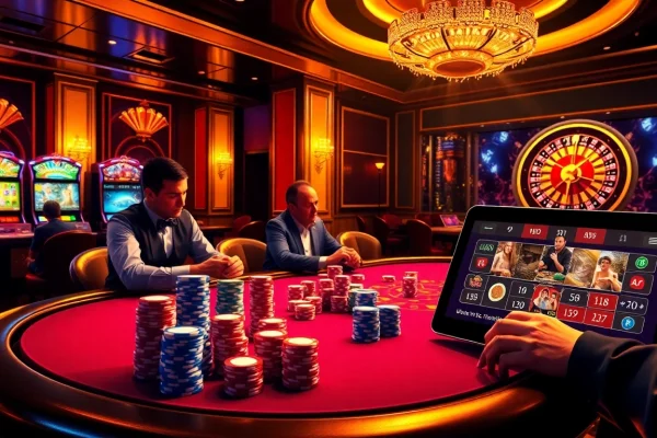 Exciting gameplay at a poker table showcasing https://rr88co.net/ with vibrant chips and a roulette backdrop.