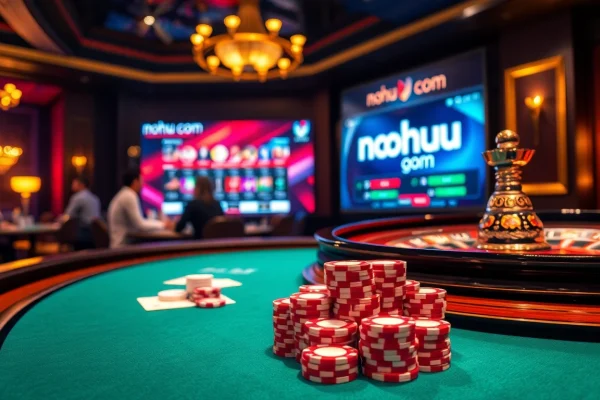 Nohu com casino scene featuring a luxurious poker table, illuminated roulette wheel, and gambler excitement.