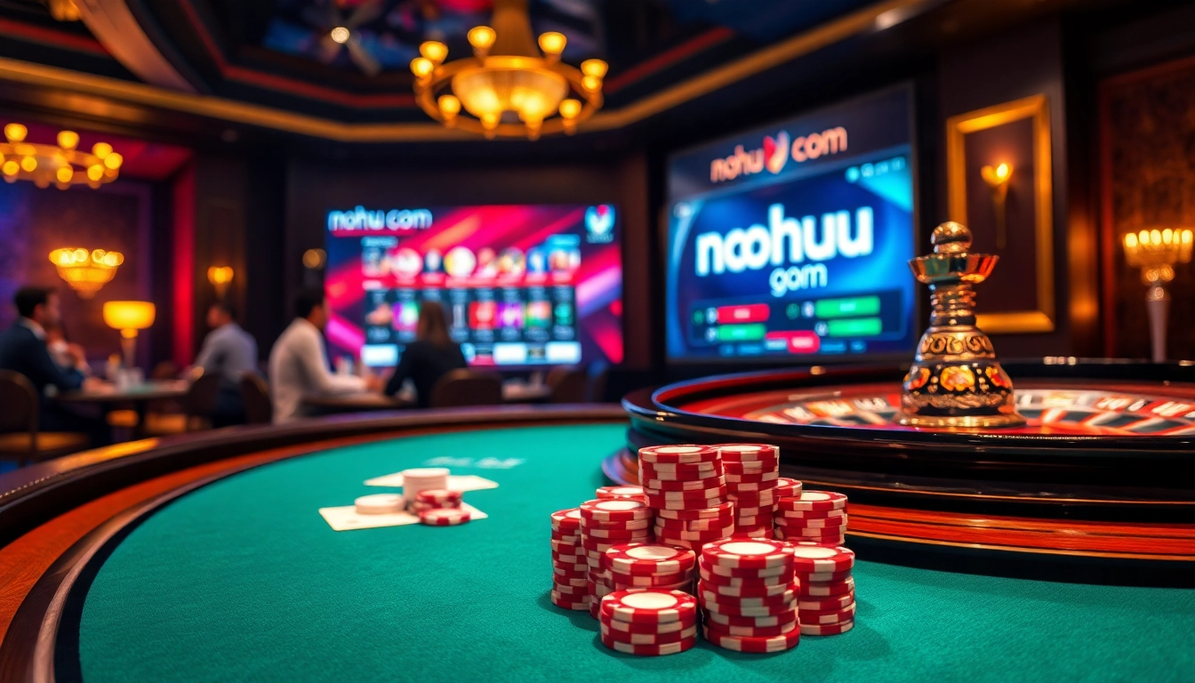 Nohu com casino scene featuring a luxurious poker table, illuminated roulette wheel, and gambler excitement.