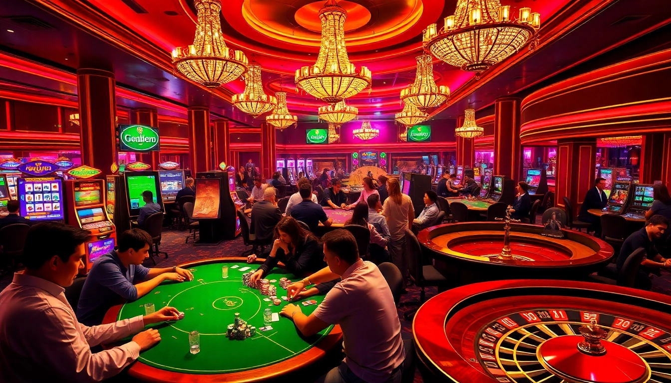 Players enjoying a thrilling poker game at GG88BZ Casino, surrounded by vibrant lights and excitement.