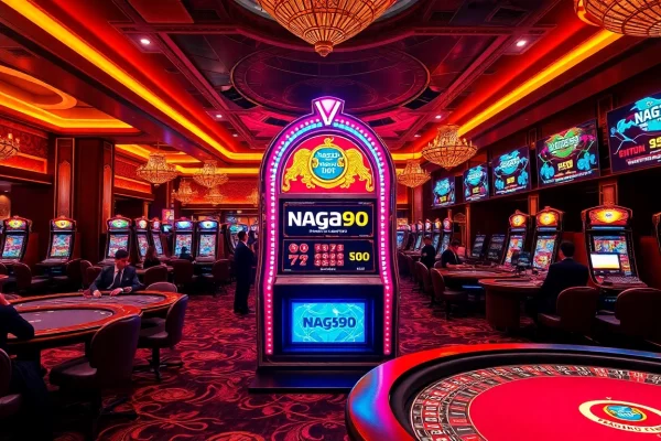 Naga99 casino scene with players enjoying slot machines and vibrant tables