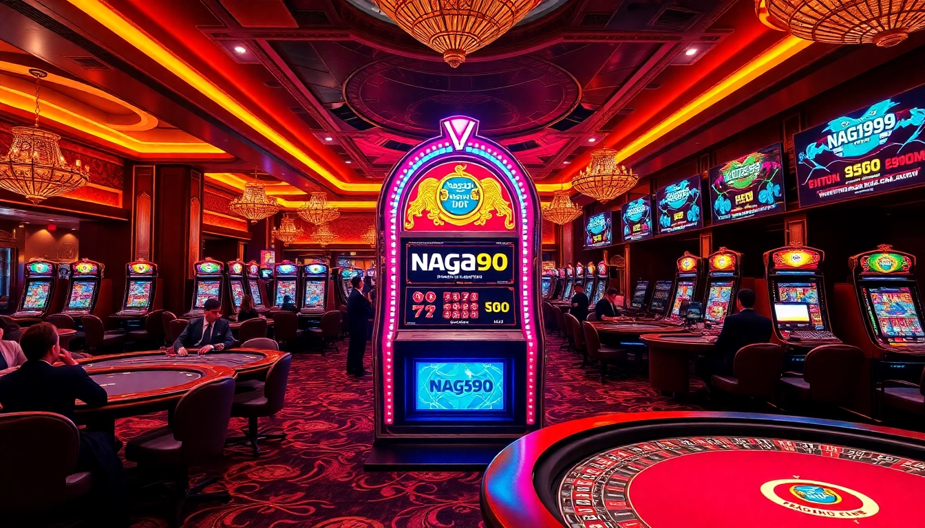 Naga99 casino scene with players enjoying slot machines and vibrant tables