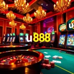 Engaging casino scene featuring 'u888' with poker chips, cards, and a roulette wheel.
