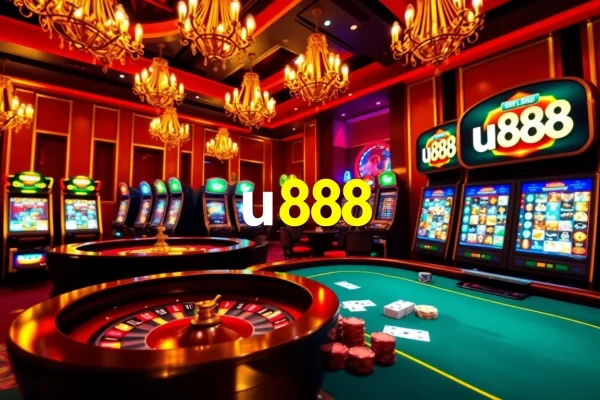 Engaging casino scene featuring 'u888' with poker chips, cards, and a roulette wheel.