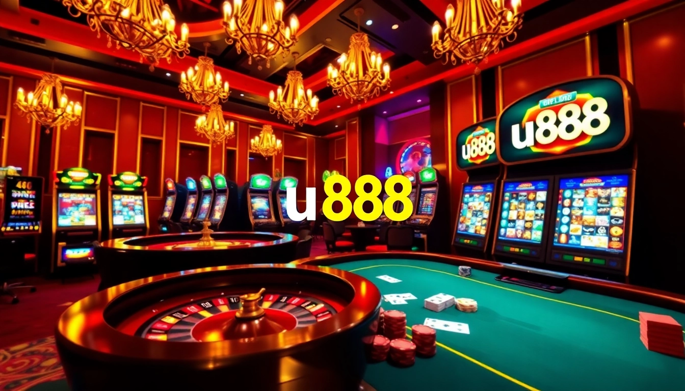 Engaging casino scene featuring 'u888' with poker chips, cards, and a roulette wheel.