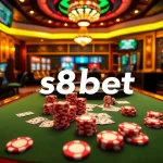 Scene illustrating the s8 bet experience at a luxury casino with vibrant games, poker chips, and roulette wheels.