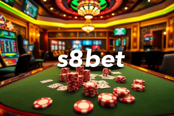 Scene illustrating the s8 bet experience at a luxury casino with vibrant games, poker chips, and roulette wheels.