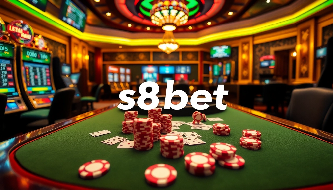 Scene illustrating the s8 bet experience at a luxury casino with vibrant games, poker chips, and roulette wheels.