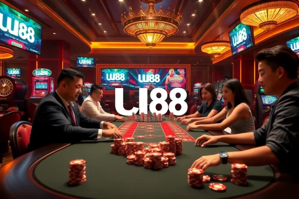 Experience the thrill of gambling at UU88 with a luxurious casino setting, poker action, and glowing slot machines.