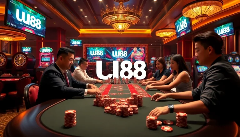 Experience the thrill of gambling at UU88 with a luxurious casino setting, poker action, and glowing slot machines.