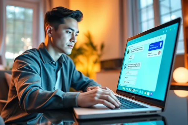 在笔记本电脑上使用 WhatsApp Web 进行消息与位置分享的生动场景，展示快连官网。