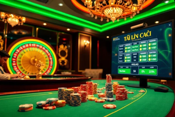 Engaging poker game depicting tỷ lệ nhà cái on a digital display in a luxurious casino setting.