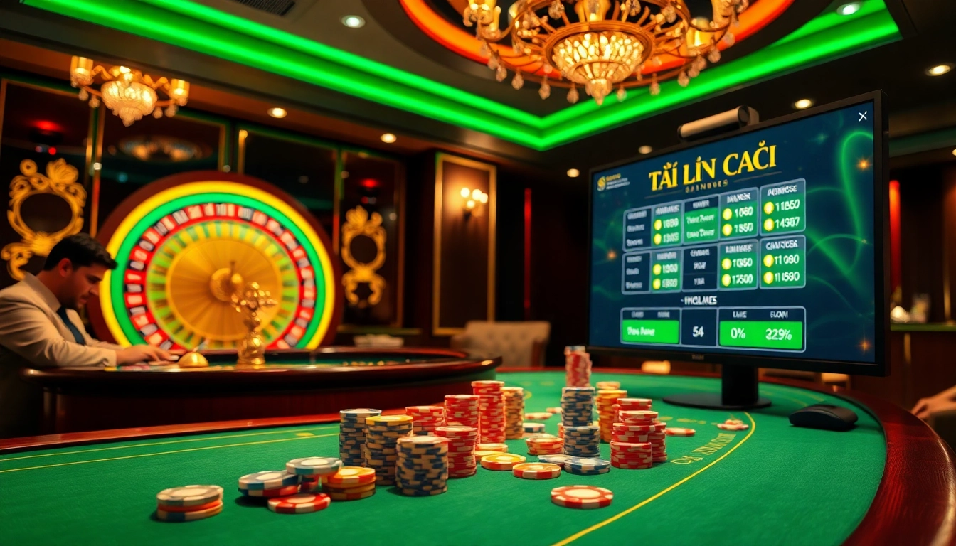 Engaging poker game depicting tỷ lệ nhà cái on a digital display in a luxurious casino setting.