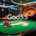 God55 casino interface featuring poker chips and cards at an elegant gaming table.